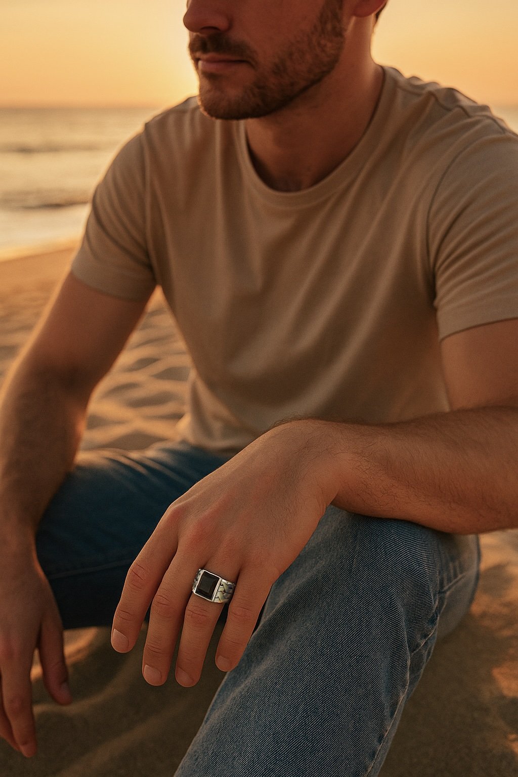 Sterling silver signet ring with Greek pattern and black zircon